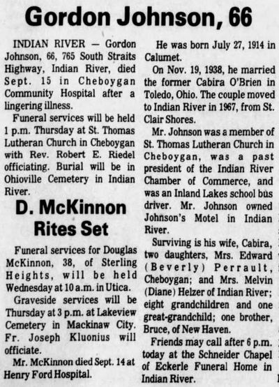 Inland Lakes Motel (Johnson Motel) - Sept 1980 Former Owner Passes Away